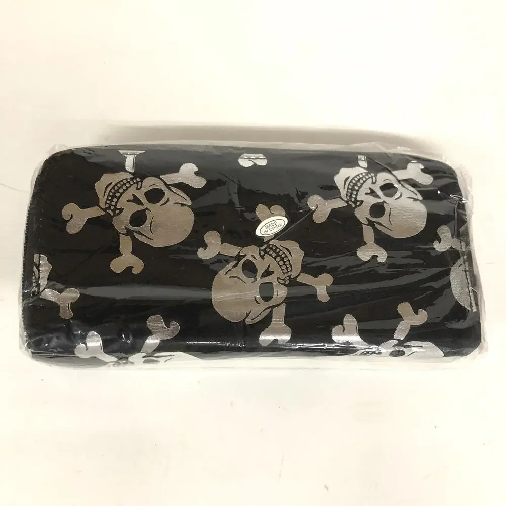 Black And White Skull Long Thick Bifold Wallet, 8x4x1.5”, 2 Compartment Dual Zip